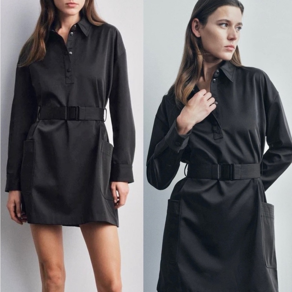Zara Satin Black Long Sleeve Belted Dress